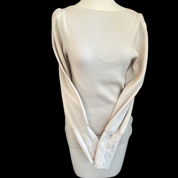 NEW Ann Taylor Cream Toned Pearl Cuff Sweater - Picture 3 of 11